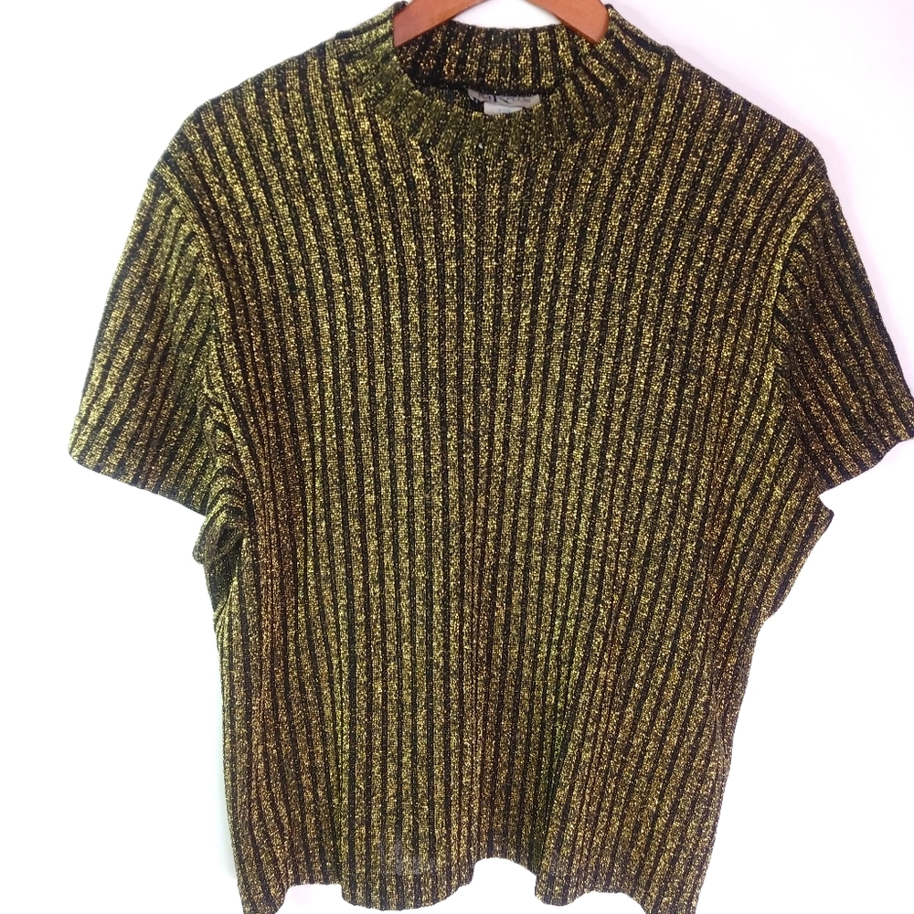 MK 22W Black Ribbed Fools Gold Stretch Top Plus